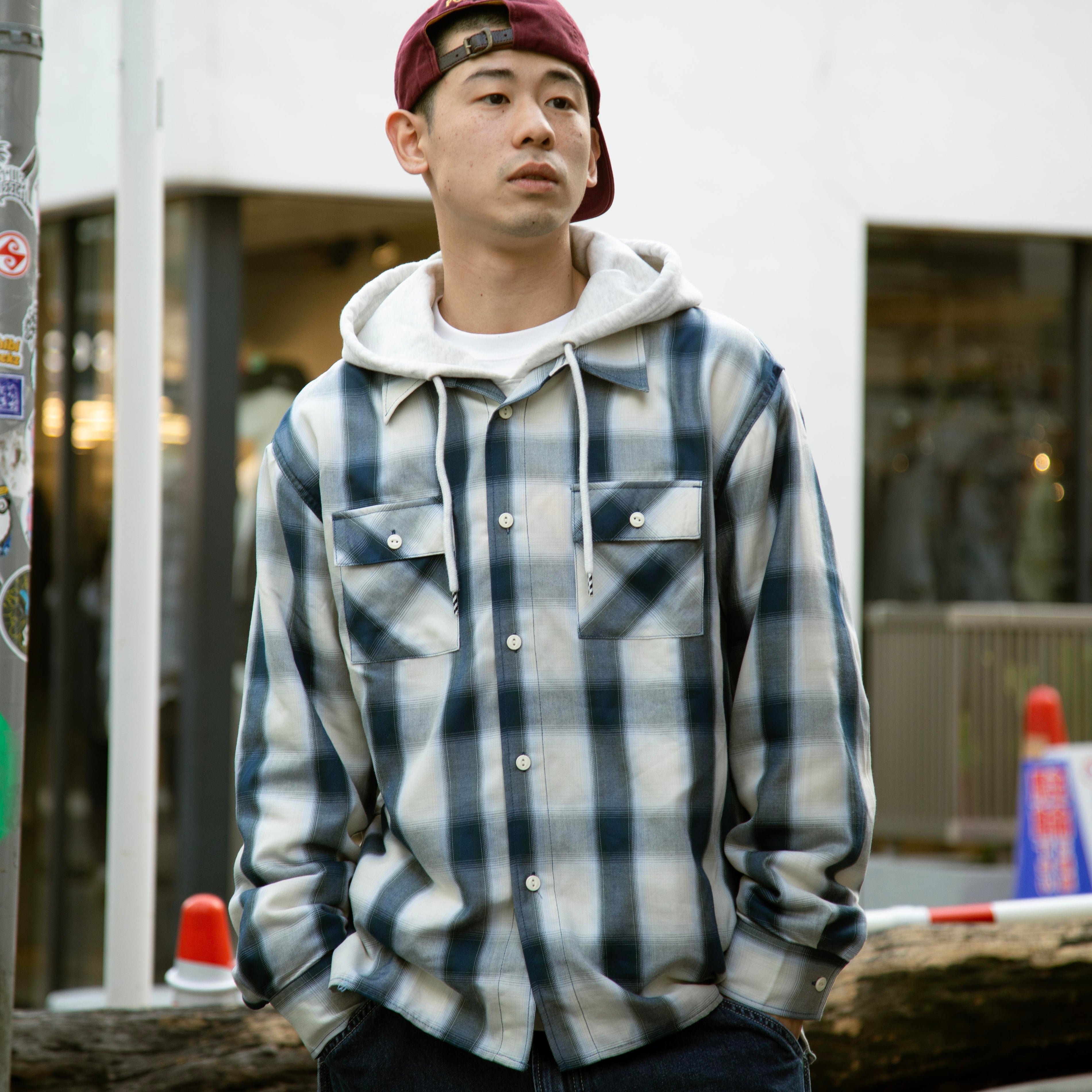BIG MIKE Rayon Mix Ombre Slit L/S Shirts｜WHT×BLUE - 102615201