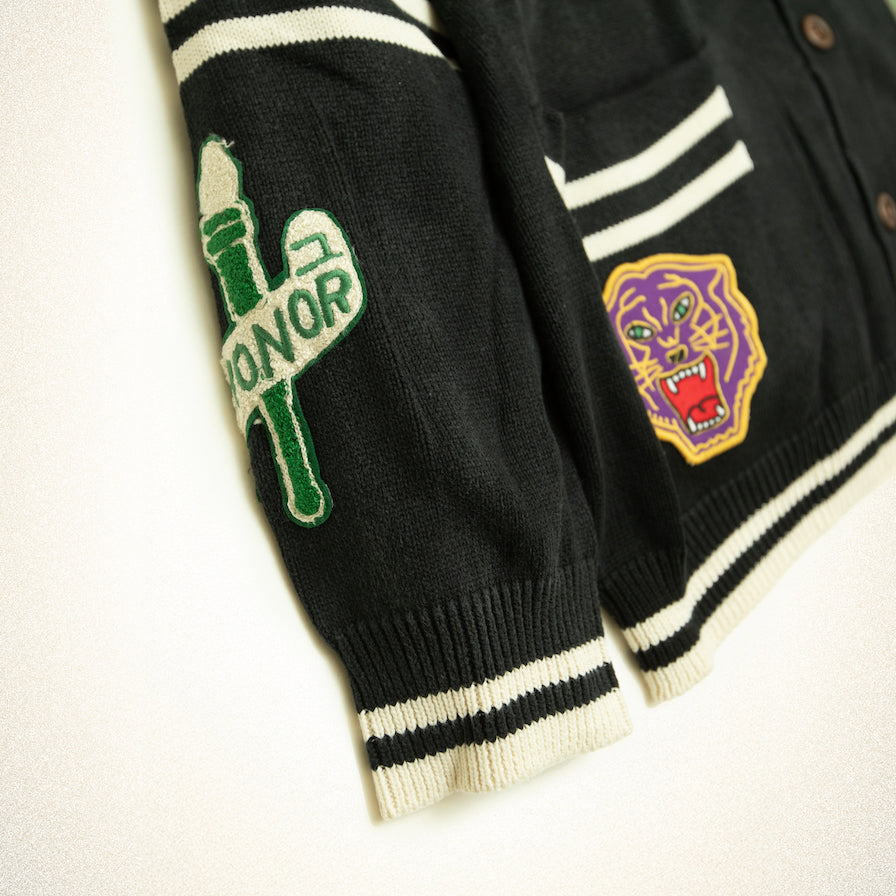FOUND Varsity Patch Collared Cardigan in vintage black