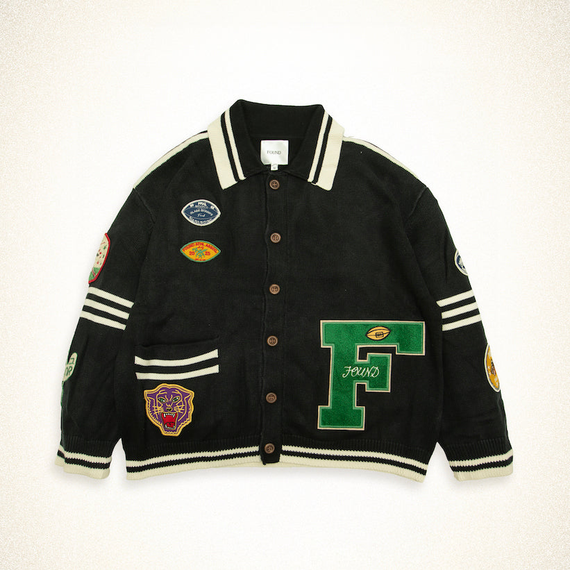 FOUND Varsity Patch Collared Cardigan in vintage black